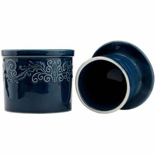 Emboss Pattern Butter Crock with Lid, French Butter Dish for Counter Decor, Butter Keeper with Water Line for Fresh Spreadable Butter- American Blue 4x4.5inches 5oz
