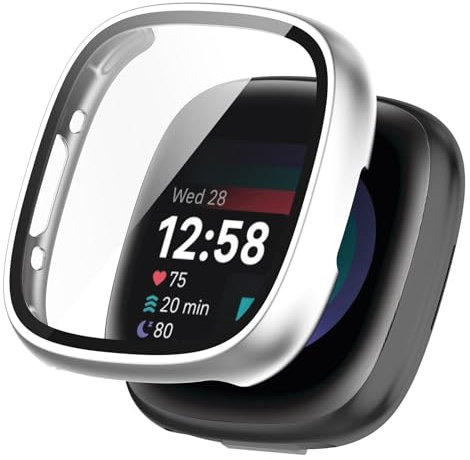 KANOYO Hülle Kompatibel mit Fitbit Sense 2 / Fitbit Versa 4 Schutzhülle,Integriertes PC + Glasmaterial,Ultradünne HD Hartglas Glas,Kratzfest,Vollständiger Schutz Case (Silber)