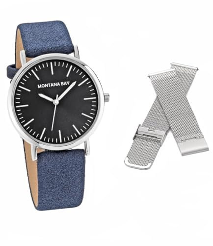 Crystal Blue Montana Bay Damen Armbanduhr Herren Uhr Unisex Set 2 Armbänder Silber Edelstahl Mesh + blau Velours Leuchtzeiger Limited Edition 2460