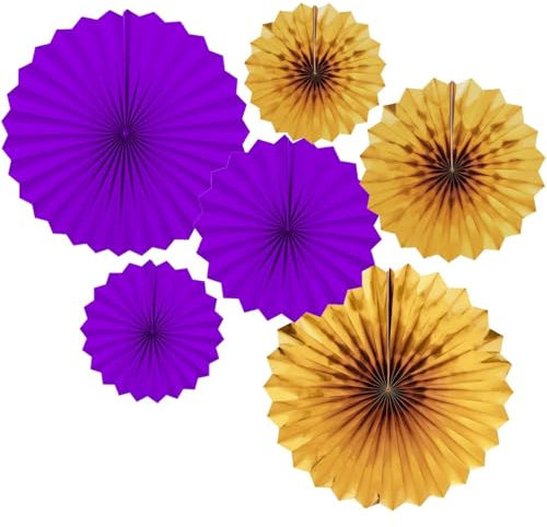 Fächer Papier Deko,Lila Gold 40.6CM(16in) and 30.4CM(12in) Hängende Papier Fächer Dekoration, Party Papier Fans Dekorpapier Kit 6er Set
