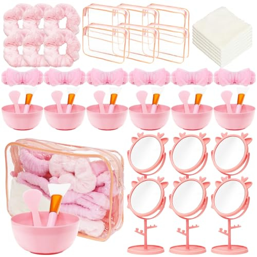 6er-Set Spa-Party-Zubehör, rosa Gesichtsmaske, Mischwerkzeug, Schalen, Pinsel, Make-up, Spiegel, Tasche, Stirnband, Handtuch für Geburtstag, Übernachtung, Party
