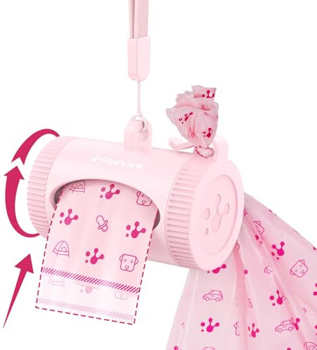 PawView manuell aufrollbarer Hundekotbeutelspender für Leine mit kotbeutel wasserdicht robust und leicht rosa Kunststoff Hundekotbeutelhalter hund mit Freihand-Haken für volle Beutel DE