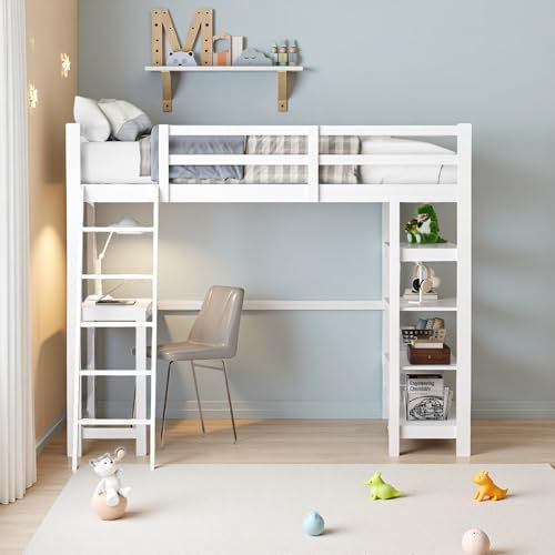 Hochbett aus hochwertigem Massivholz, 90 x 200 cm, Multifunktionales Bett mit integriertem Schreibtisch,Treppe und Stauraum, Ideal für Jugendliche und Erwachsene, inkl. Lattenrost, Weiß, Ohne Matratz