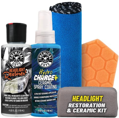 Chemical Guys Headlight Restoration & Ceramic Kit, Complete DIY Kit for Removing Yellowing & Oxidation, Includes Restoration Compound, HydroCharge With Microfiber & Applicator