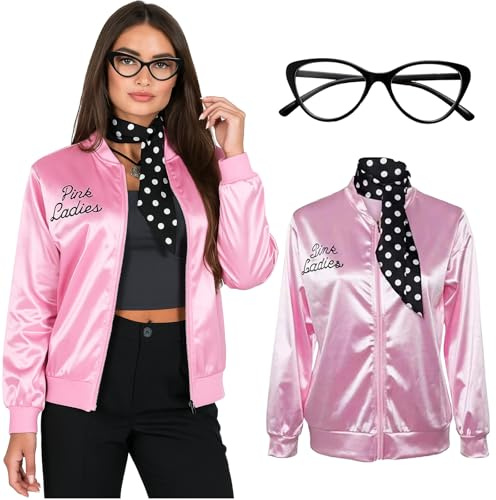 SSKHE Damen Rosa Grease Jacke mit Hals Schal Brille, Halloween Cosplay Kostüm Fancy Kleid, 1950er Jahre Rosa Satin Jacke Outfit für Frauen Festival Karneval Weihnachten 80er Party