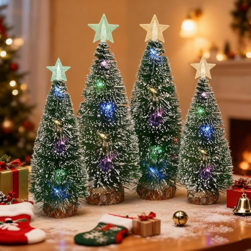 LED Mini Weihnachtsbaum,4 Stück künstlicher Weihnachtsbaum mit Beleuchtung,Tisch-Weihnachtsbaum mit Lichtern,Kleiner Tannenbaum für Ihr Zuhause Oder Büro Dekor Lampe Weihnachten-Dekoration