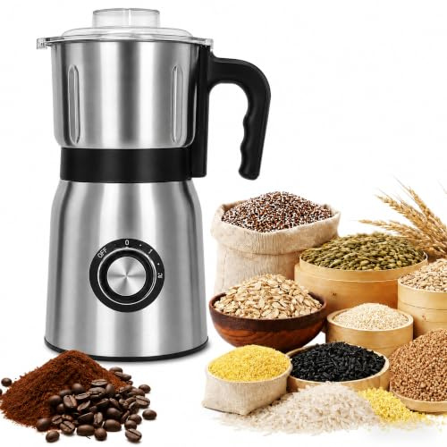 500W Electric Spice Grinder & Grain Mill with 3 Stainless Steel Blades | Versatile 500W kitchen mill easily grinds coffee beans, spices, grains, and nuts. Features 3 sharp stainless steel blades