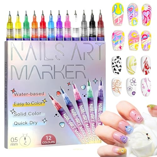 12 Farben 3D Nagellack Stift Set, 0.5 mm Nagelkunststift, DIY Linie Nagelkunst Graffiti, Nagellackstifte Nageldesign, fur Kunst Zeichenmalwerkzeuge, für Frauen und Mädchen