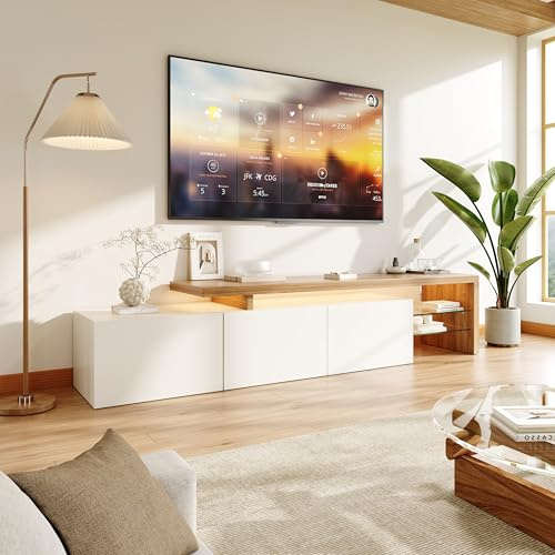 TIMORWTF - Mueble de TV LED Blanco 200 cm, Mueble de TV Moderno con Iluminación LED RGB, 3 Puertas, Estantes Abiertos de Cristal, para Salón o Dormitorio