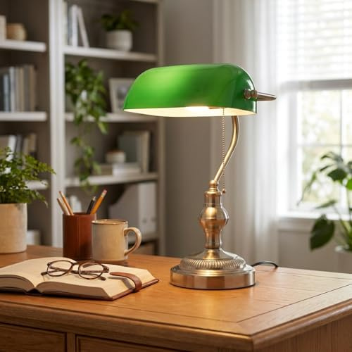 BARCELONA LED - Lampada da tavolo vintage BANQUERO con paralume in vetro verde - Base in nichel - Lampada da scrivania classica per ufficio e studio - Attacco E27