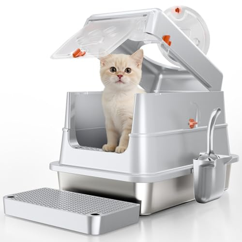Fusblom Stainless Steel Cat Litter Tray, Enclosed Cat Litter Box with Lid, High Sided Metal Litter Pan, Leak-Proof, Odor-Free&Non-Stick, Easy to Clean, Included Scoop & Pedal- Grey, Small