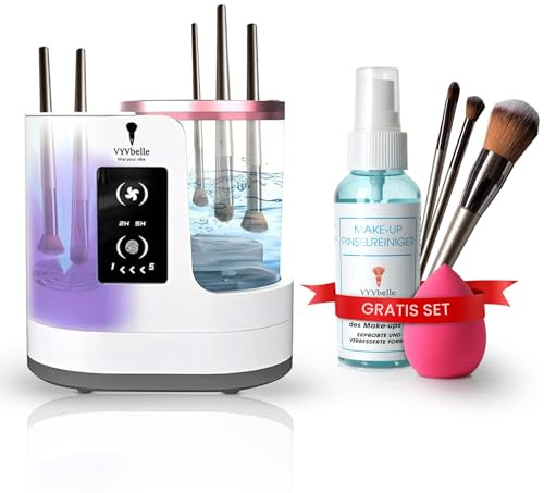 VYVbelle Make up - elektrischer Pinselreiniger Set mit 3 Pinseln und Make up Schwamm, inkl. 100 ml Brush Cleaner für Pinselpflege, Make up Pinsel reinigen und Beauty Tools