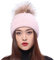 Damen Strickmütze schöne Baskenmütze Winter Mütze Bommelmütze Beanie Waschbär Fell Bommel mit Perle - hell pink