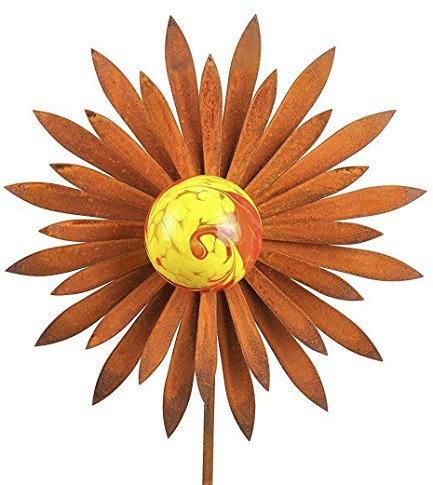 Bornhöft Gartenstecker Metall Rost Gartendeko rostige Dekoration Edelrost mit Glaskugeln (Blume Spitz)