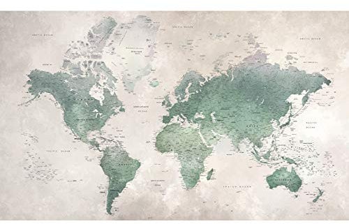 Papier peint intissé vintage, mappemonde verte, 250 cm X 150 cm