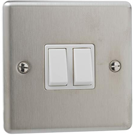 2 x Brushed Chrome Double Light Switch 2 Gang 2 Way Wall On Off Switch 10amp