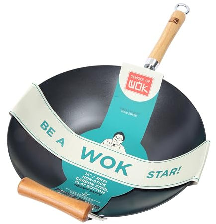 School of Wok - Wok en acier au carbone anti-adhésif 36 cm, fond plat, poignée en bambou