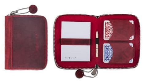 Melia Games Spielkarten Set Deluxe - Hochwertiges Karten-Etui aus feinstem Leder - komplettes Set inklusive 2 Spielkartendecks, Notizblock und Bleistift (Vintage Edition - Smoky Fire)