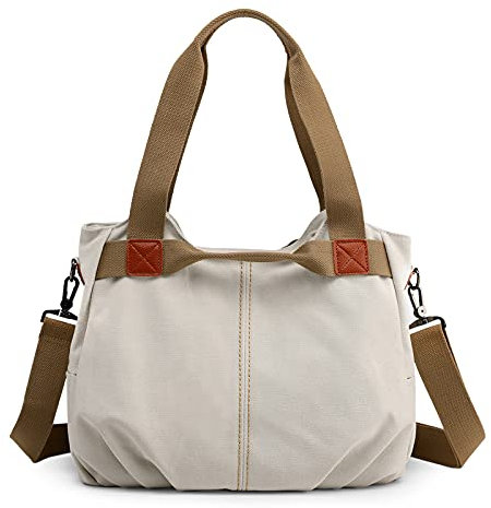 DIRRONA Casual Bolso de Mujer Moda Lienzo Bolsos Bandolera Viajes Bolso Bandolera Mujer Bolsa de Lona Trabajo Compras Bolsos Cruzados Multibolsillos Uso Diario Blanco Beige