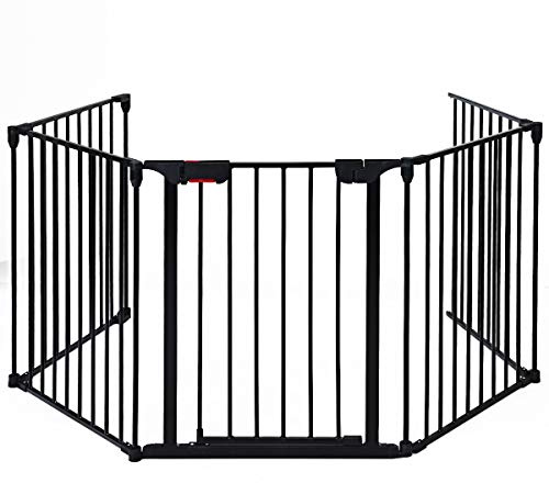 Maxmass Baby Playpen, 5/6/8 Panels Freestanding Pet Gate with Lockable Door & Rotatable Panel, Foldable Fireplace Safety Barrier for Kids Pets Christmas Tree (5 Panels: 290 x 74 cm, Black)