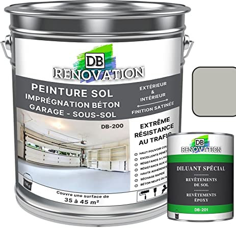 DB Rénovation Peinture Sol Beton Industriel - Garage, sous-sol - Extrême trafic extérieur, intérieur - Haute résistance - Gris soie - Kit 5KG + 1L Diluant