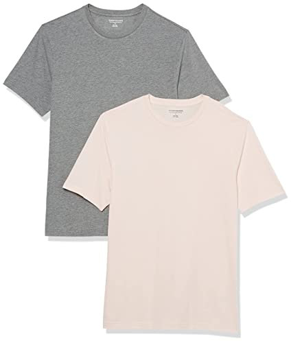 Amazon Essentials T-shirt ajusté à encolure ronde et manches courtes Homme, Lot de 2, Gris Chiné/Rose Pâle, L