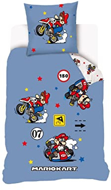 MARIO - Housse de couette Mario Kart 140x200 cm + 1 Taie D'Oreiller 63x63 cm - 100% Coton - Bleu