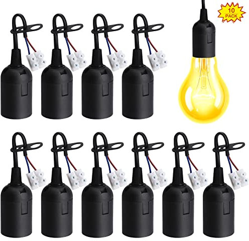 10 Pieces E27 Lamp Socket, Black E27 Screw Lamp Holder Waterproof Light Bulb Socket Holder with Wire for Indoor DIY Light