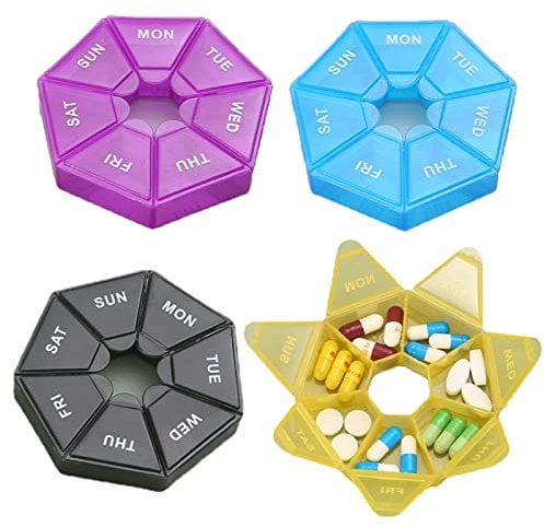 BSITSSS 4 Stück Tablettenbox 7 Tage, Runden Pillendose Medikamentenbox 7 Tage, Pillenbox Tabletten Wochenbox Tabletten Organizer Medikamentenboxen Tablettenbox Klein Pill Organizer für BPA-Frei