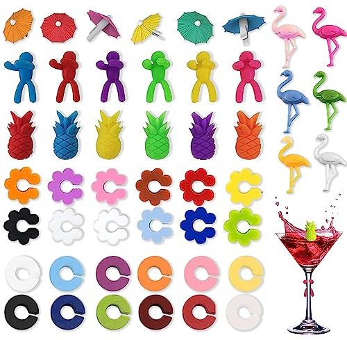 EUDUQ 48 peças marcadores de copos,silicone marcadores copos marcadores de vidrio reutilizables,Identificador de copa de vino colorido,marca de bebida Adecuado para fiestas bares festivales