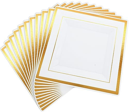VIDETOL 25 Pcs Plastic Serving Tray, 9 Inch Rectangle Serving Platters, White & Gold Reusable Food Serving Tray for Parties, Birthdays, Weddings and Graduation Parties