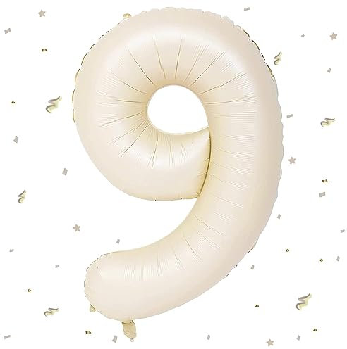 Beige Luftballon 9,Zahlen Luftballon Beige, 40 Zoll XXL Creme Weiß Folienballon 9. Sandweiß Zahlenballon 9 Helium Ballon, Luftballon 9. Geburtstag für 9 Jahre Geburtstagsdeko Kinder Junge Mädchen