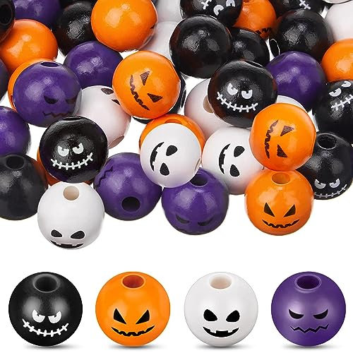 120 Stück Halloween Holzperlen für Armbänder,16mm Perlen zum Basteln Holzperlen mit Gesicht,Halloween Kürbis Perlen Spielzeug Verwendet für Armband Schmuck Produktion,Baum Dekoration,Party DIY Zubehör