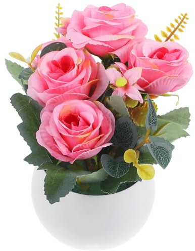 HOMSFOU Artificial Rose Artificial Flowers Potted Plant Fake Flowers with Vase Faux Roses in Vase Realistic Bonsai Silk Flowers in Pot Ornament Plastic Fake Decoration Pink Desktop