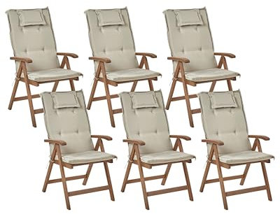Beliani Gartenstuhl 6er Set Akazienholz Dunkelbraun klappbar Auflagen beige-grau Amantea