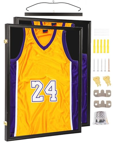 XRCISE 2 x Trikot-Rahmen, abschließbar, Schattenboxen, Vitrinen mit 98 % UV-Schutz, Acryl und Aufhänger für Basketball, Fußball, Fußball, Baseball, Hockey, Shirt und Uniform, schwarzes Finish