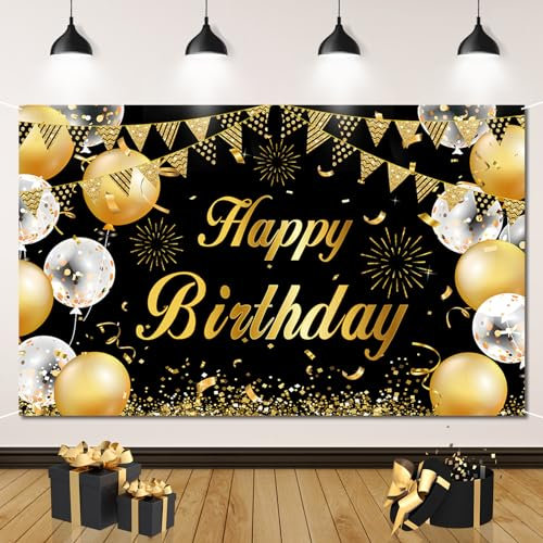 Happy Birthday Backdrop Banner, Happy Birthday Photo Booth Backdrop, Large Fabric Black Gold Sign Poster Background for Men Women Party Decoration, 70.86 x 43.3 Inch