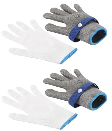 Fleymu 2 Stück Schnittschutzhandschuhe, Edelstahl Draht Arbeitshandschuhe, 2.0 Verbesserte Schnittfeste Handschuhe, mit Ininnenhandschuhe, für Austern Shucking, Fleisch Schneiden, Garten(XL)