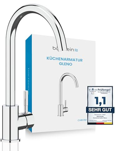 Bächlein Küchenarmatur Gleno (Chrom) – Einhand-Spültischbatterie aus Edelstahl mit 360° schwenkbarem Auslauf, Wasserhahn für die Küche in extra massiver Ausführung