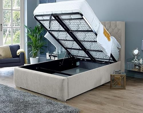 Furnishion King Wingback Bed Frame with Storage - Cream Velvet Ottoman Bed King Size - Wingback Storage Bed Mattress Not Included - 48inch High Headboard