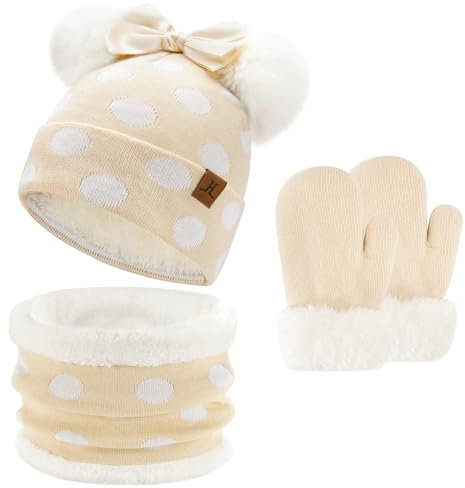 ZASFOU Kinder Baby Mütze Loop Schal Handschuhe Set 0-4 Jahre Thermo Wintermütze Schlauchschal Fäustlinge Kleinkinder Mädchen Baumwolle Strick Pom Mützen Geschenk