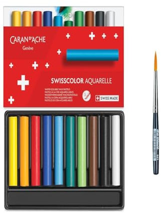 Caran d'Ache Swisscolor Wachspastellkreiden, Aquarellstifte, 10 Stück mit Pinsel