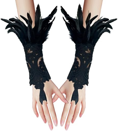 YUNHENTONG Federhandschuhe Damen Halloween, 1 Paar Vintage Fingerlos Federmanschetten Gothic Lang Spitzen Feder Handschuhe für Halloween Rollenspiele Kostüm Dekoration, Partys, Hochzeiten (Schwarz)