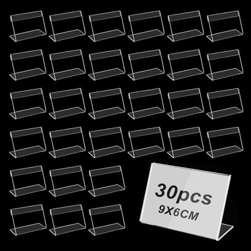SenaiMy 30 Stück Etikettenhalter, Tischaufsteller, Namenskarten Halter, Mini Schild Display, Zeichen Display Halter, Acryl Preisschilder Display, Transparent Preisschildhalter für Büro Shop Schulen
