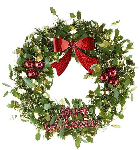 Grün/Gold Weihnachtskranz 21 cm – Stechpalmen-Kranz mit Schleifen-Ornamenten, Weihnachtskranz für Tür, Wand, Zuhause, Lametta-Kränze für den Innenbereich