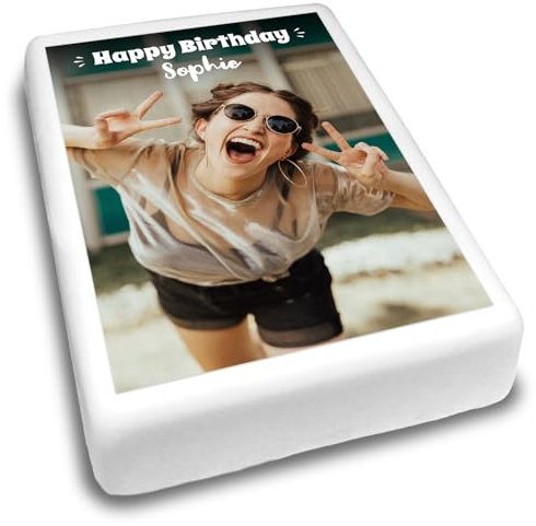 Cakeshop Portrait Personalisierte Essbare Tortendekoration Mit Wunschtext | Eigenes Bild & Text | Für Geburtstage & Feiern | Verschiedene Formen & Größen | Zuckerguss- & Oblatenpapier-Optionen