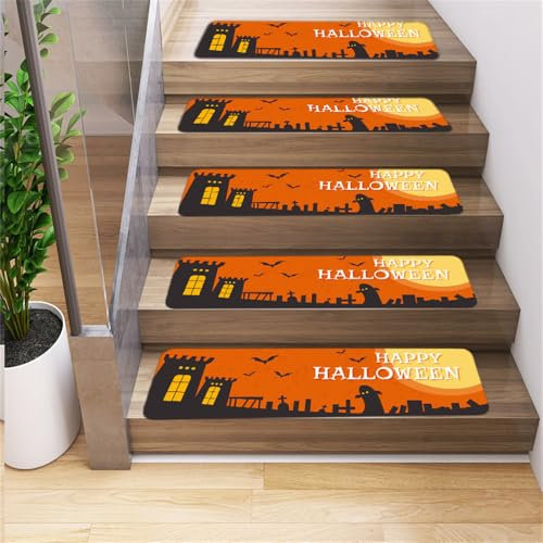 Surwin Halloween Stufenmatten rutschfest Treppenstufen Matten mit Klassischem Muster, Weich Rechteckig Innen Stufenteppich Gummirücken Treppenteppich Stufenteppich Treppenmatten (10 Stück,Orange)
