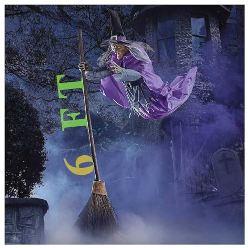 HINNVCL Animatronics animierte schwebende Hexe, 1,8 m, Halloween-Dekorationen für den Außenbereich, Animatronik, Halloween-Requisiten mit gruseligen Geräuschen und Lichtern für Garten, Hof, Rasen,