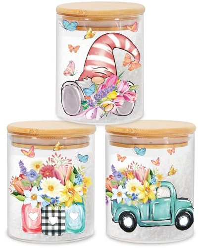 JarThenaAMCS 3Pcs Spring Floral Glass Storage Jars with Airtight Lid Tulip Flower Gnome Truck Butterfly Decorative Canisters Sets for Farmhouse Home Kitchen Countertop