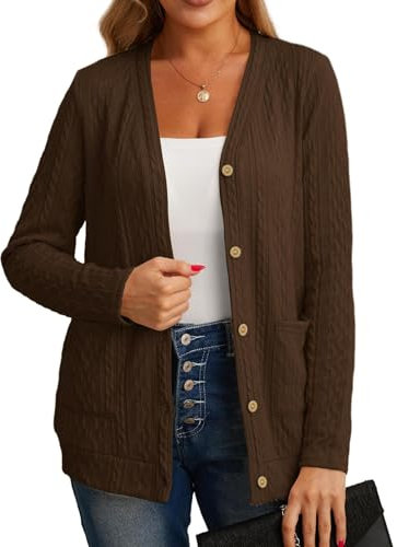GRECERELLE Womens Cardigan Long Sleeve Lightweight Cardigans Button Down V Neck Ribbed Knit Outerwear Open Front Tops with Pocket for Ladies (Brown, L)